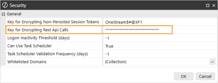 The Security dialog box has a grid with row headings that have a gray background with black text and can be expanded to display fields with a white background and black text. In this example, in the General section, Key for Encrypting Rest Api Calls is highlighted.
